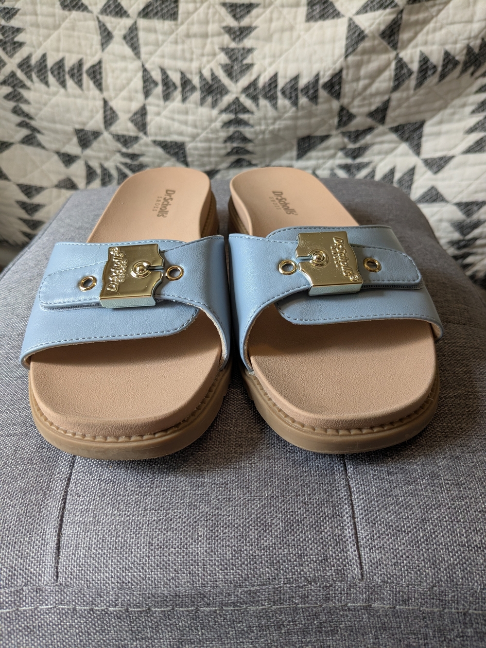 Dr. Scholl's Light Blue Slide Sandals with Gold Hardware